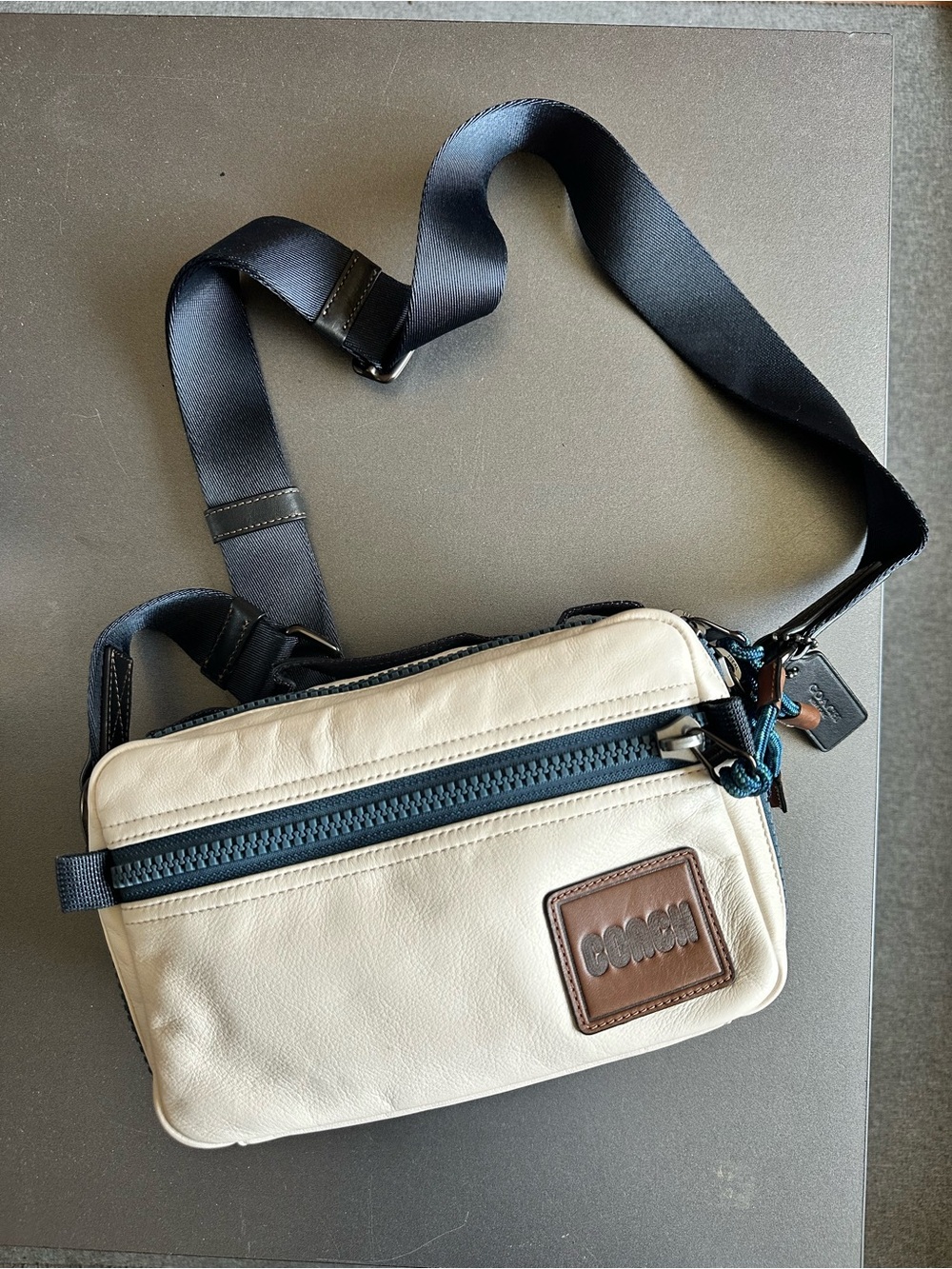 Coach Cream Leather Belt Bag with Black Strap and Brown Patch